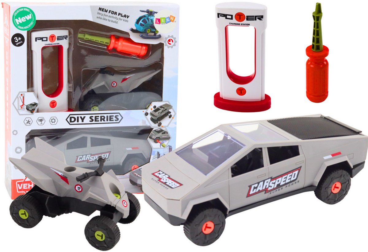 Set van moderne auto met quad voor demontage Diy grijs