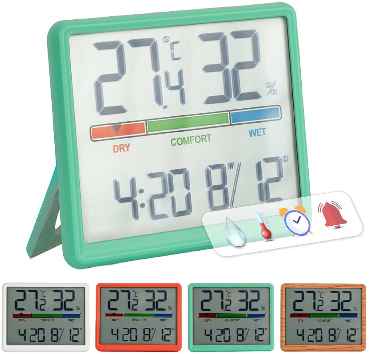Digitale Binnenthermometer met Hygrometer - Groen - 9,3 x 7,2 x 1,6 cm - Met Klok, Kalender en Comfortindicator - Voor Thuis