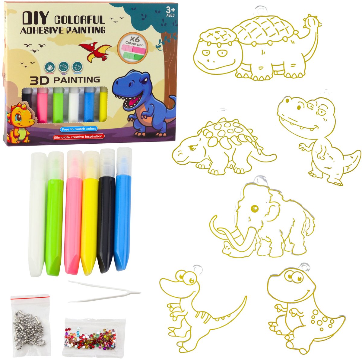 DIY creatieve set glas-in-lood sleutelhangers dinosaurussen markers 6 stuks.