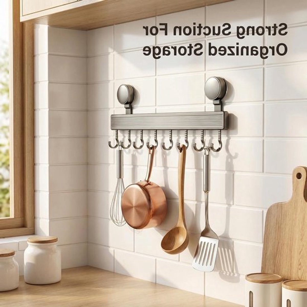 Multifunctionele Keuken Organizer met 8 Haken, Verwijderbare Zuignap zonder Boren, Wandmontage voor Keukenaccessoires en Gereedschap (40cm, Grijs)