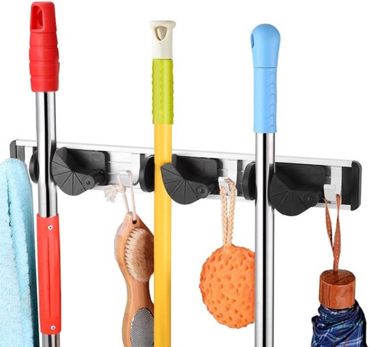 Mop- en bezemhouder voor wandmontage met 4 haken - Ideaal voor opberging van schoonmaakaccessoires, tuingereedschap en sportuitrusting