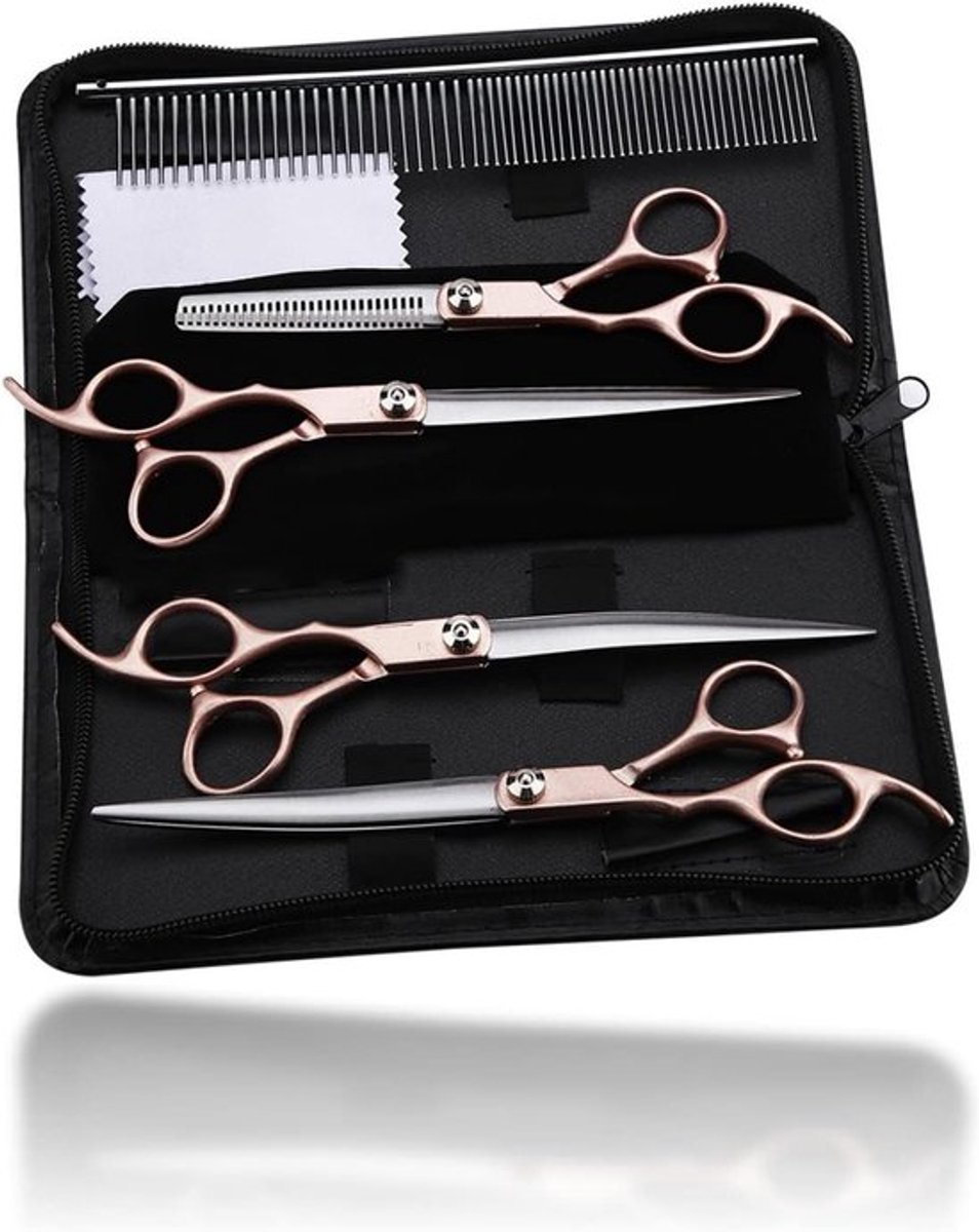 Hondenverzorgingsset met 4 Scharen en PU Leren Tas voor Honden en Katten - Dierenverzorging en Haarstyling Scharen voor Langharige Huisdieren
