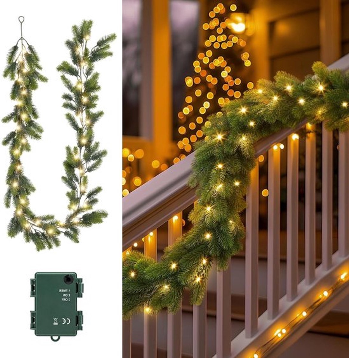 1 x 40 LED Kerstguirlande 1.95 m Warm Wit - Decoratieve Dennengroen Kerstverlichting met Timer voor Binnengebruik en Feestelijke Sfeer