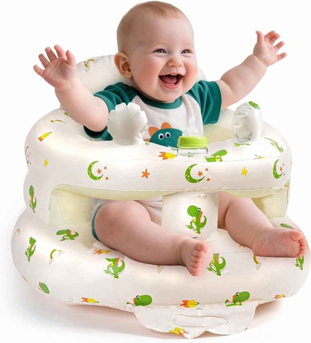 Opblaasbare Babystoel voor 3-36 Maanden met Steun en Dinosaurus Oortjes, Ideaal voor Zitten en Voeden, Inclusief Luchtpomp