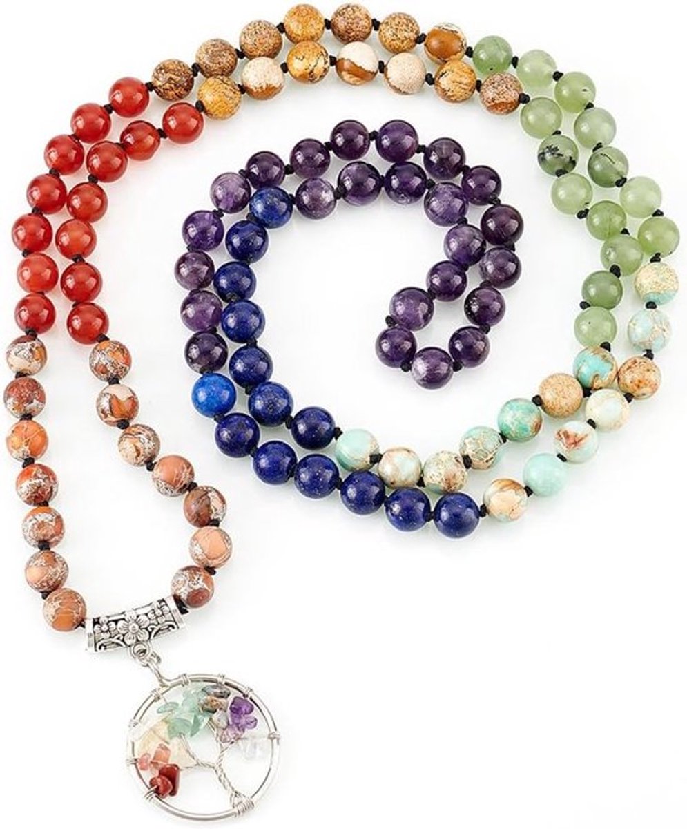 108 Mala Kralen Ketting met 7 Chakra, 8mm Kralen Armband en Natuurlijke Gemengde Steen Tree of Life Hanger, 41 Inch Yoga Sieraden, Spirituele Accessoires voor Meditatie en Balans