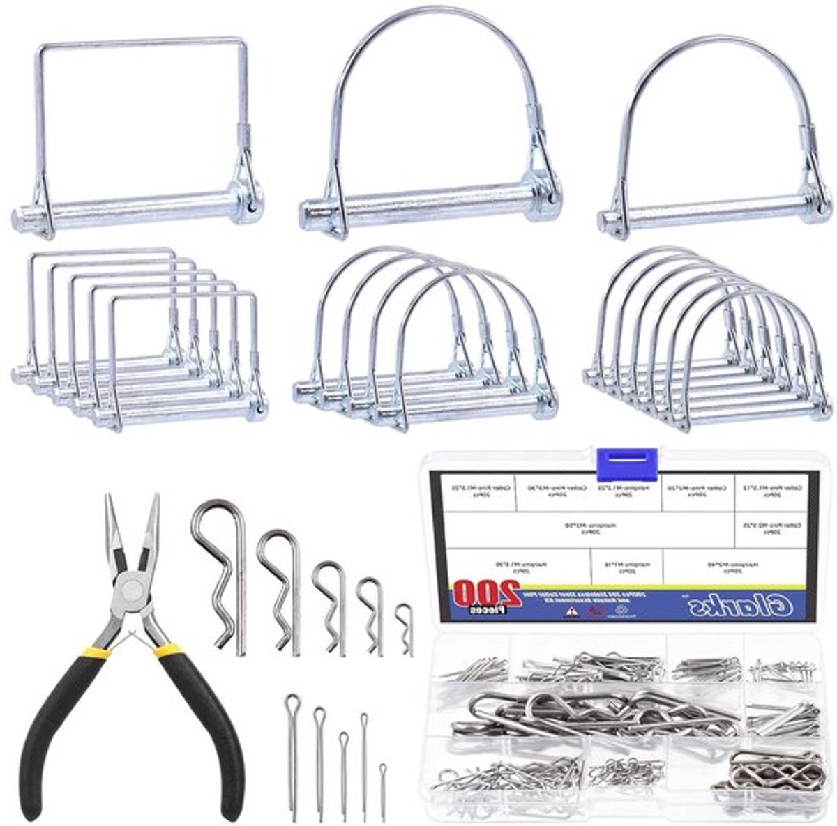 216 Stuks PTO Pins en Split Pins Set met R Clips, 1/4", 5/16", 3/8" voor Aanhangers, Auto's en Tuinmachines met Naaldneuspincet