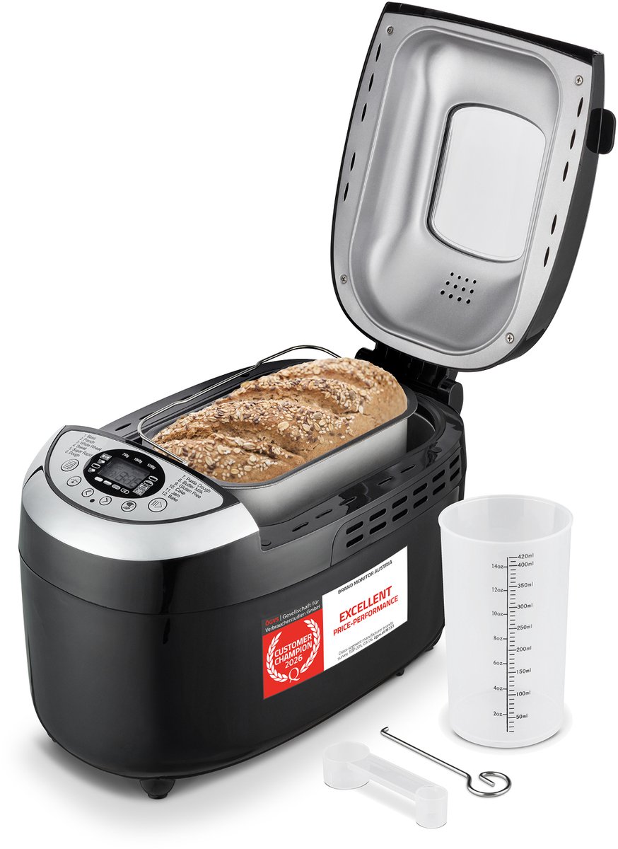 TZS First Austria Broodbakmachine 900 tot 1250 gr Brood - Timer - 12 Bakprogramma's - 850W - Zwart