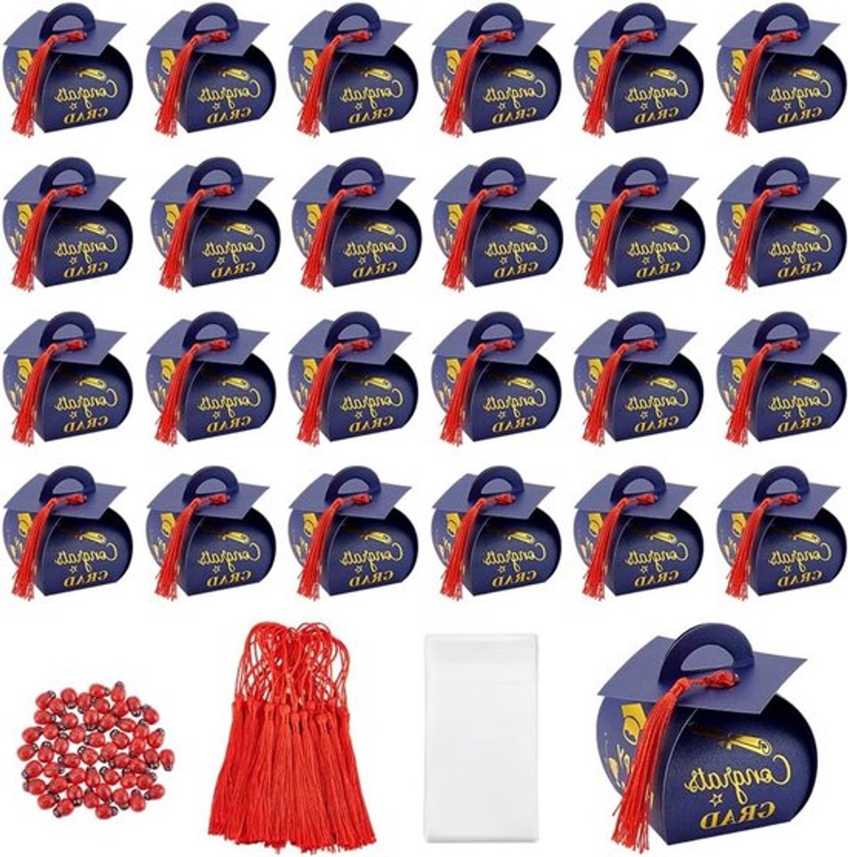 50 Sets Afstudeercadeau Dozen met Rode Kwastjes, Houten Cabochons en Cellofaanzakjes voor Gastgeschenken, Blauw en Feestelijk