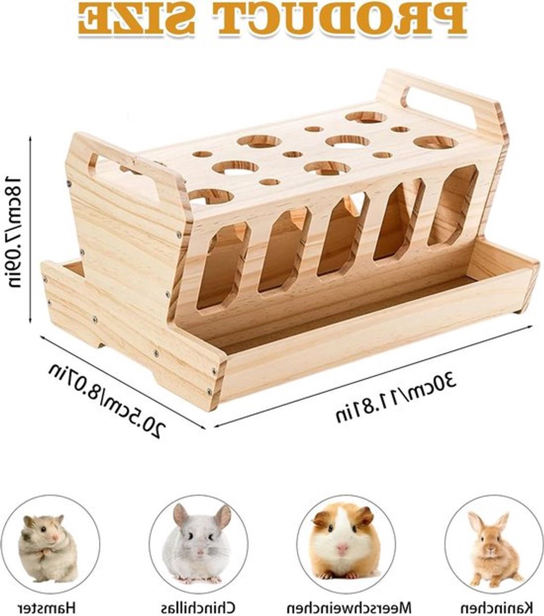 Houten Hooi Voederstation voor Konijnen en Cavia's, 30 x 20.5 x 18 cm, Met Wortelhouder en Grote Capaciteit