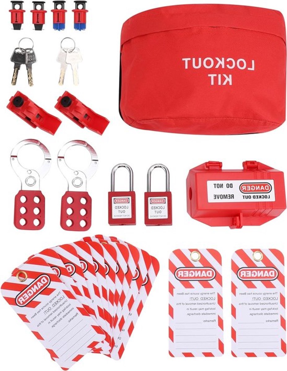 Veiligheidsset voor elektrische schakelaars met hangslot, labels en klemmen voor industriële lockout/tagout naleving