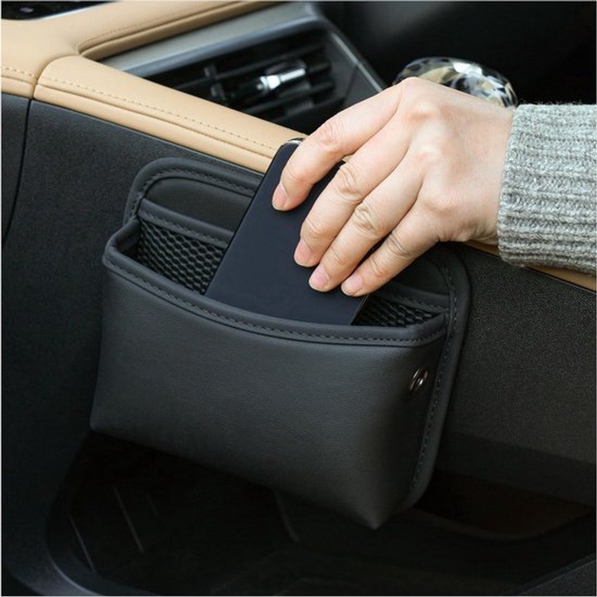 Zijvak Organizer voor Auto van PU Leer - Mobiele Telefoonhouder en Opbergoplossing voor Autodeur en Console (Zwart)