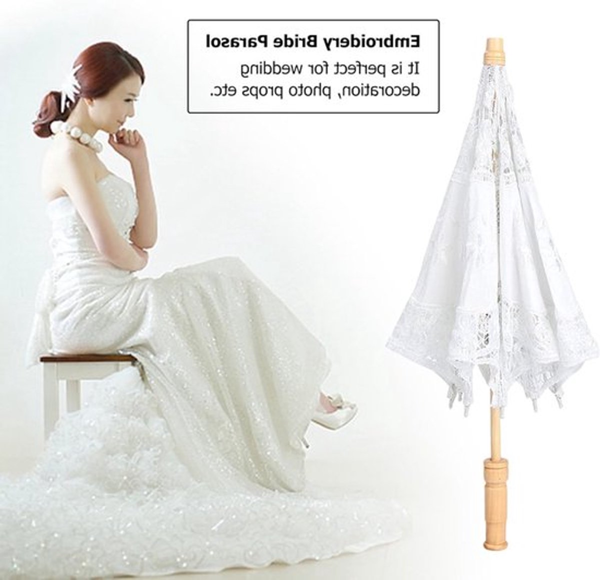 Elegante handgemaakte trouwparasol met kant en bloemenborduurwerk, perfect voor bruiloften en fotoshoots, versiering en accessoires voor speciale gelegenheden