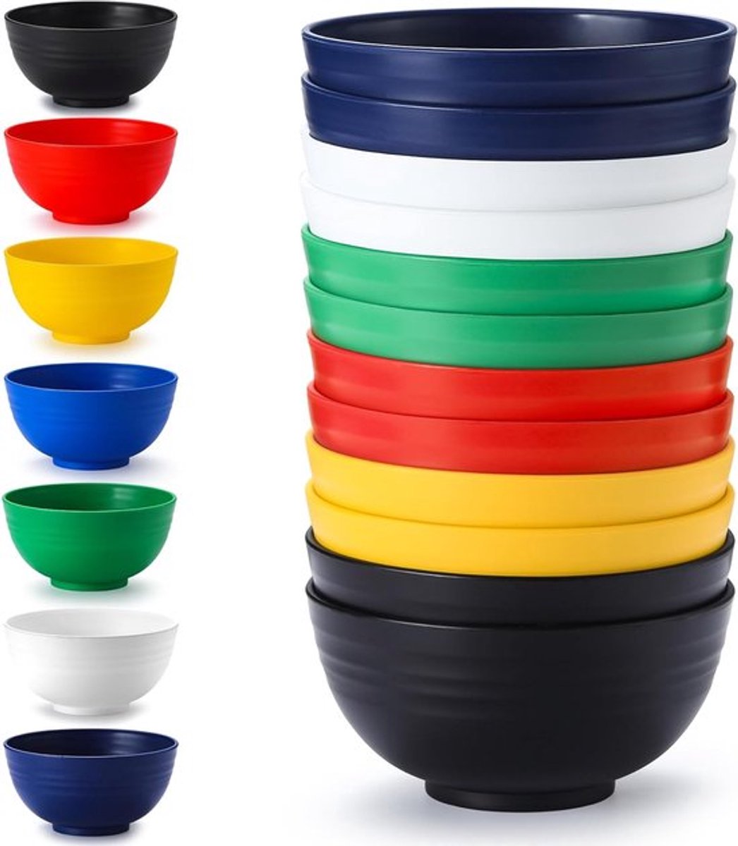 Set van 12 Herbruikbare Plastic Kommen 750ml in Meerdere Kleuren voor Soep, Ontbijtgranen en Buitengebruik zoals Tuin, Picknick en Camping