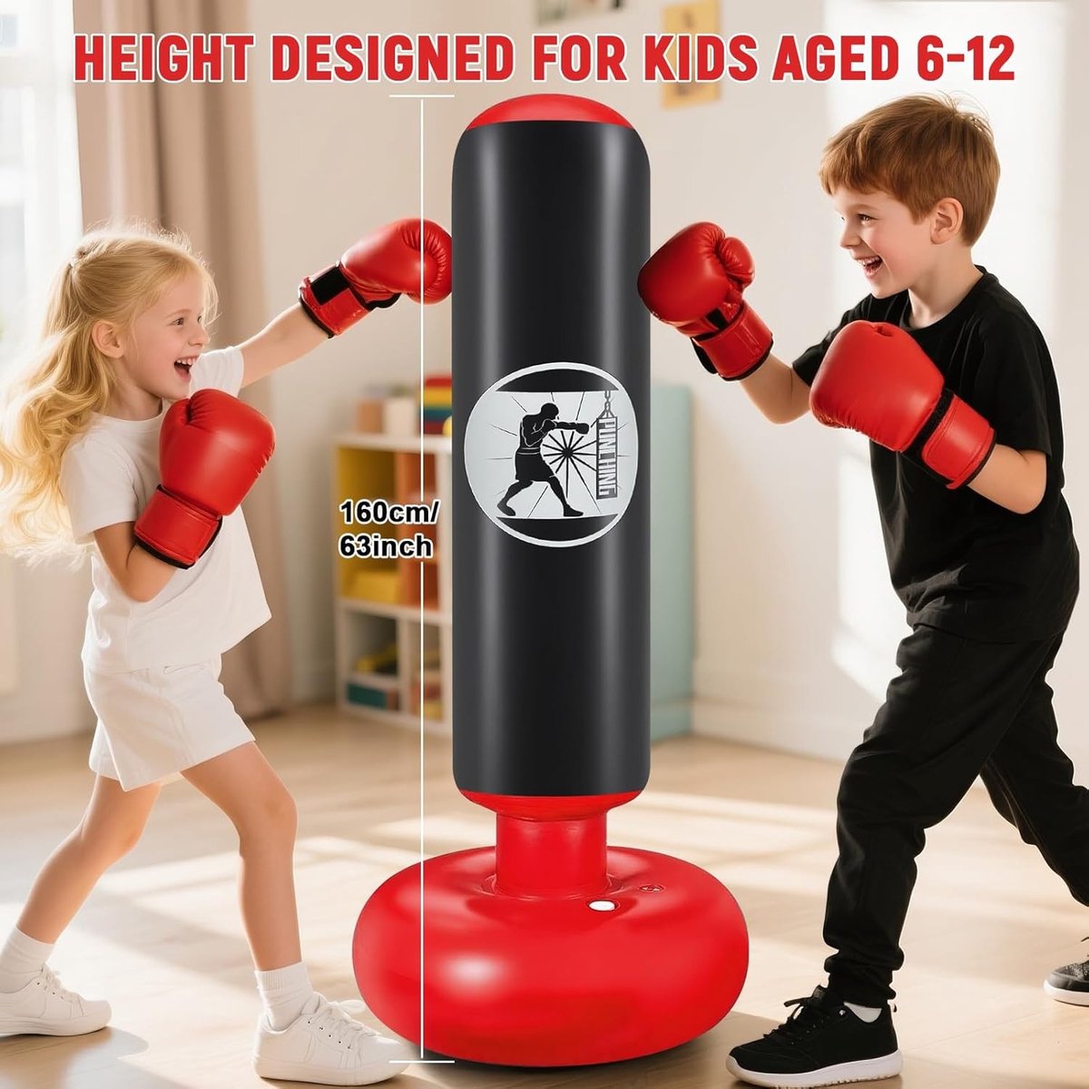 Punching Bag voor Kinderen van 6 tot 12 Jaar, 160 cm, Stabiele Opblaasbare Bokszak met Bokshandschoenen, Ideaal voor Taekwondo, Karate en MMA Training