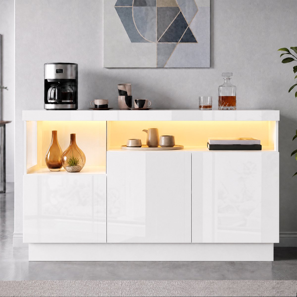 VVBV Dressoir - 140 x 36 x 80 cm, Wit, met 3 Deuren, LED-Verlichting, App-bediening, Acrylvak, Spaanplaat & Acryl