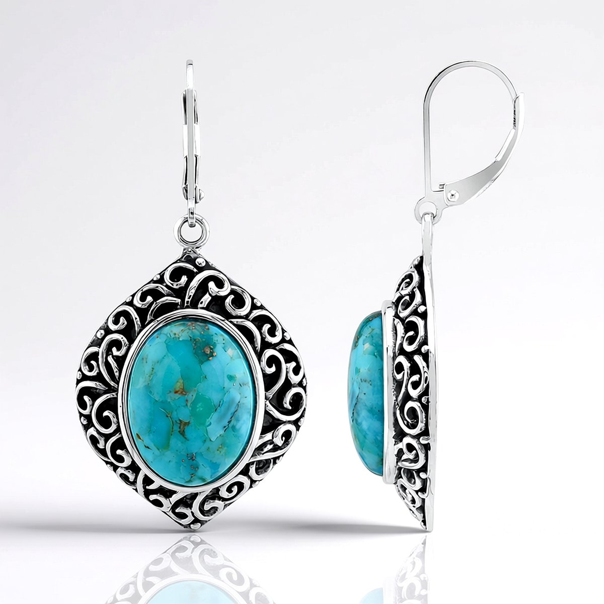 Cavill - Geoxideerde 925 Sterling Zilver Oorbellen - Blauwe Kingman Mohave Turkoois Cabochon 10,9 ct - Ovaal Luxe Turkoois Sieraden voor Vrouwen