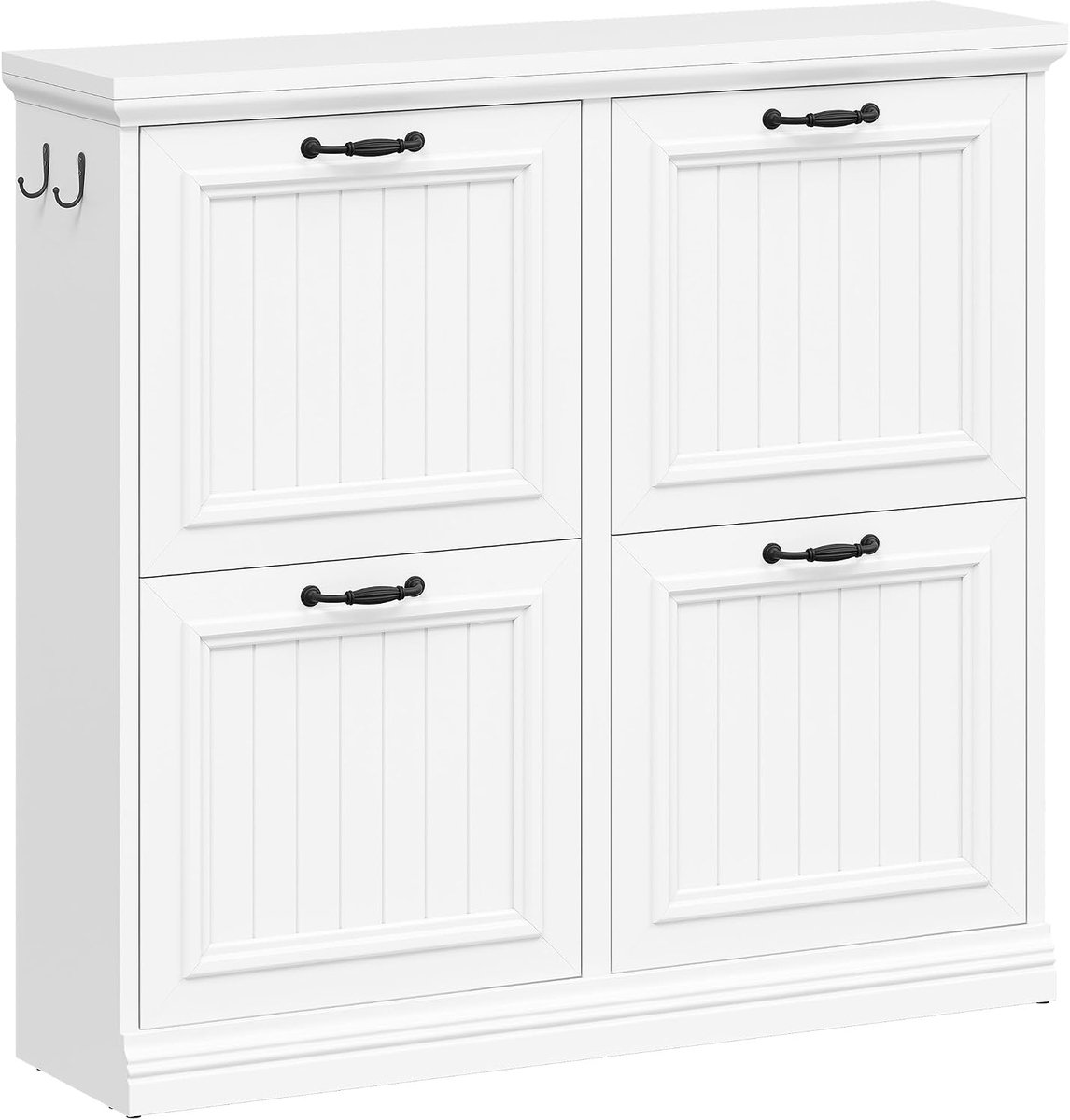 HILINSIE Smalle schoenenkast met 4 deuren, klassieke stijl, 16-18 paar schoenen, schoenenkast met houtlook, smal schoenenrek, verstelbare tussenschotten, 2 haken, voor hal, entree, wit