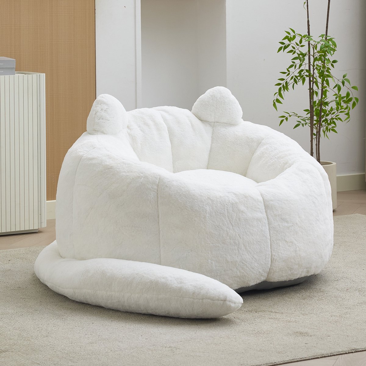 FloraGrace Zitzak 48 x 48 x 37 cm - Kattenvormige Loungestoel Met Rugleuning - Zacht En Verplaatsbaar Voor Woonkamer Of Slaapkamer - Fluweel - Wit
