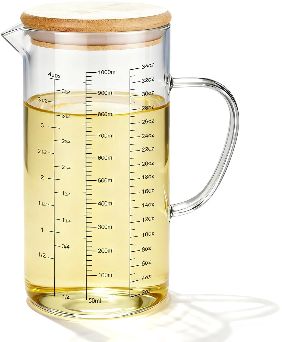SnelShoppen - Glazen Maatbeker 1 Liter - Hittebestendig Borosilicaatglas met Handvat en Schaalverdeling - Nauwkeurige Meetschaal en Deksel - Ideaal vo