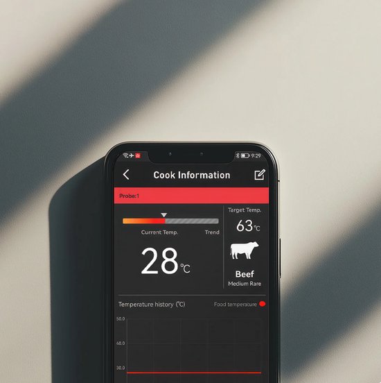 Smartphone-scherm met de 'herQs' app. Toont huidige temperatuur van 28°C voor rundvlees medium rare.