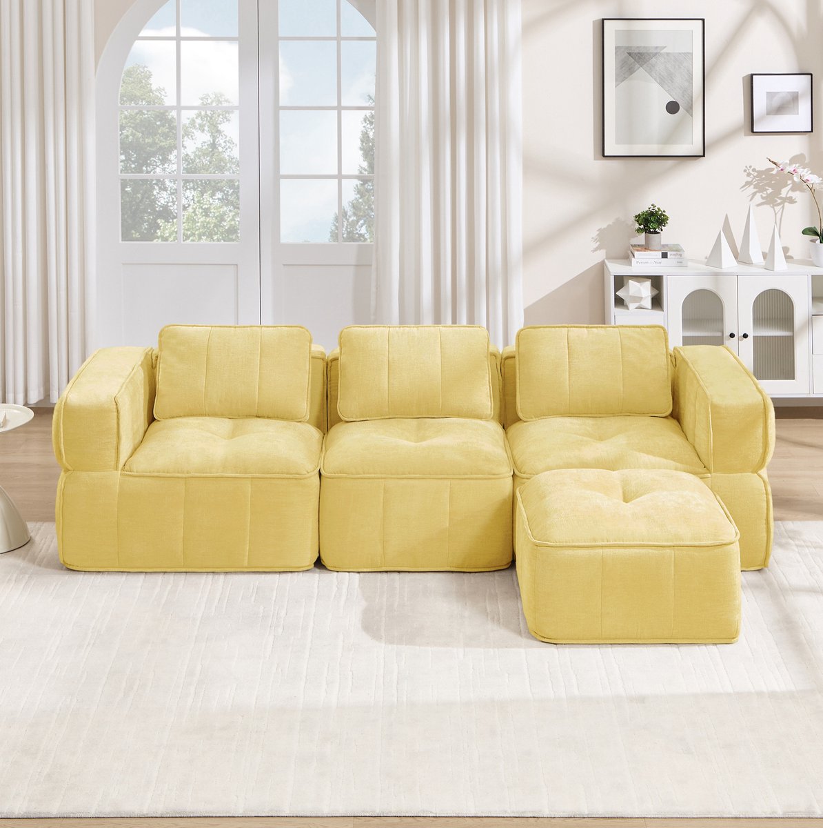 FloraGrace Hoekbank – 3-Zits Modulaire L-Vormige Bank Met Hocker – Frameloos Ontwerp, 32D Schuim, Diepe Zitting – Voor Woonkamer – Polyester – Geel