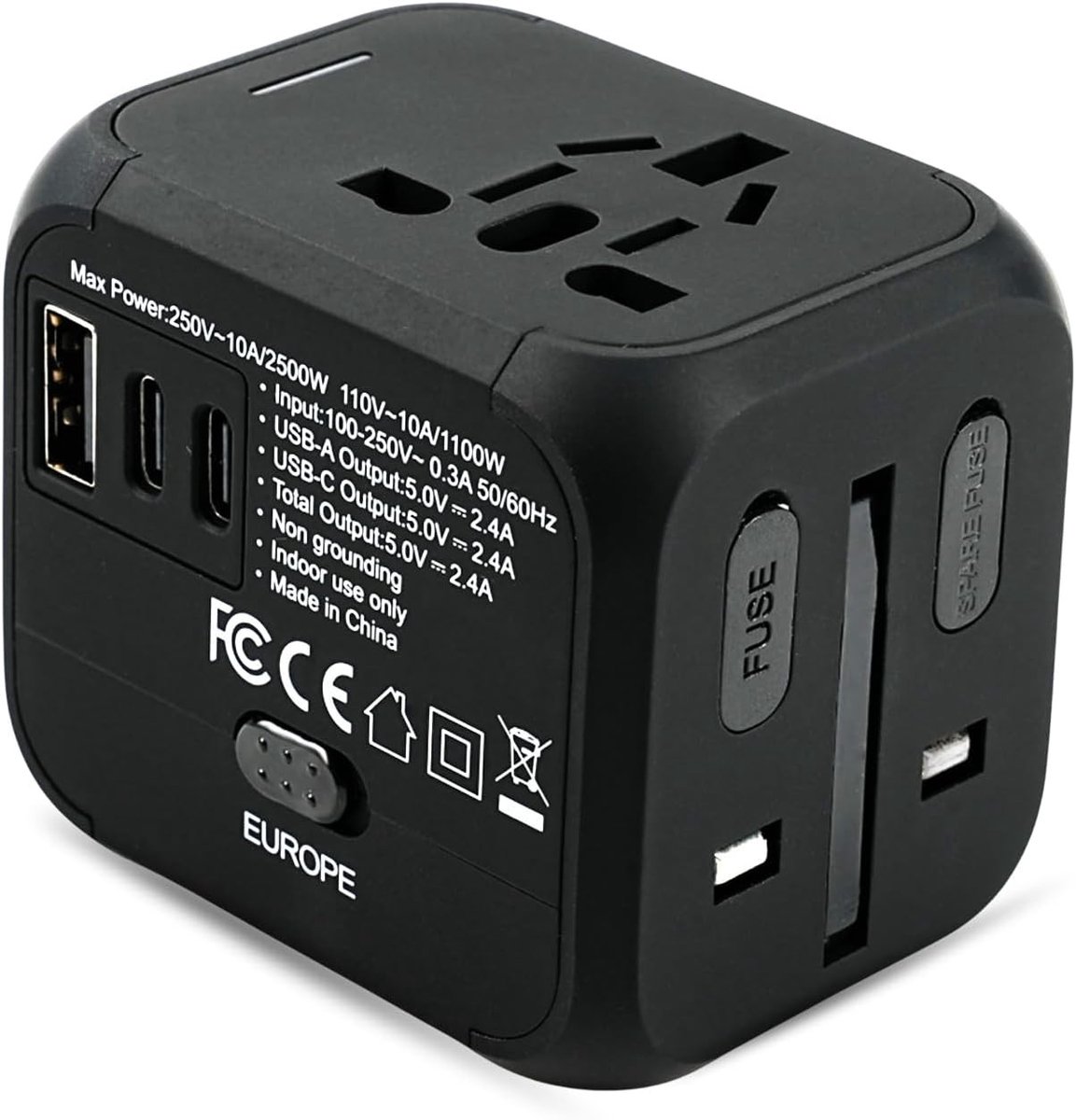 Reisadapter - Zwart - Compact formaat - Universele Reisstekker met 2 USB-C en 1 USB-A - Voor Wereldwijd Gebruik