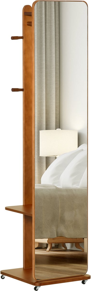 Vrijstaande spiegel met wielen - kledingrek, 4 haken, MDF-plank met notenhout-look