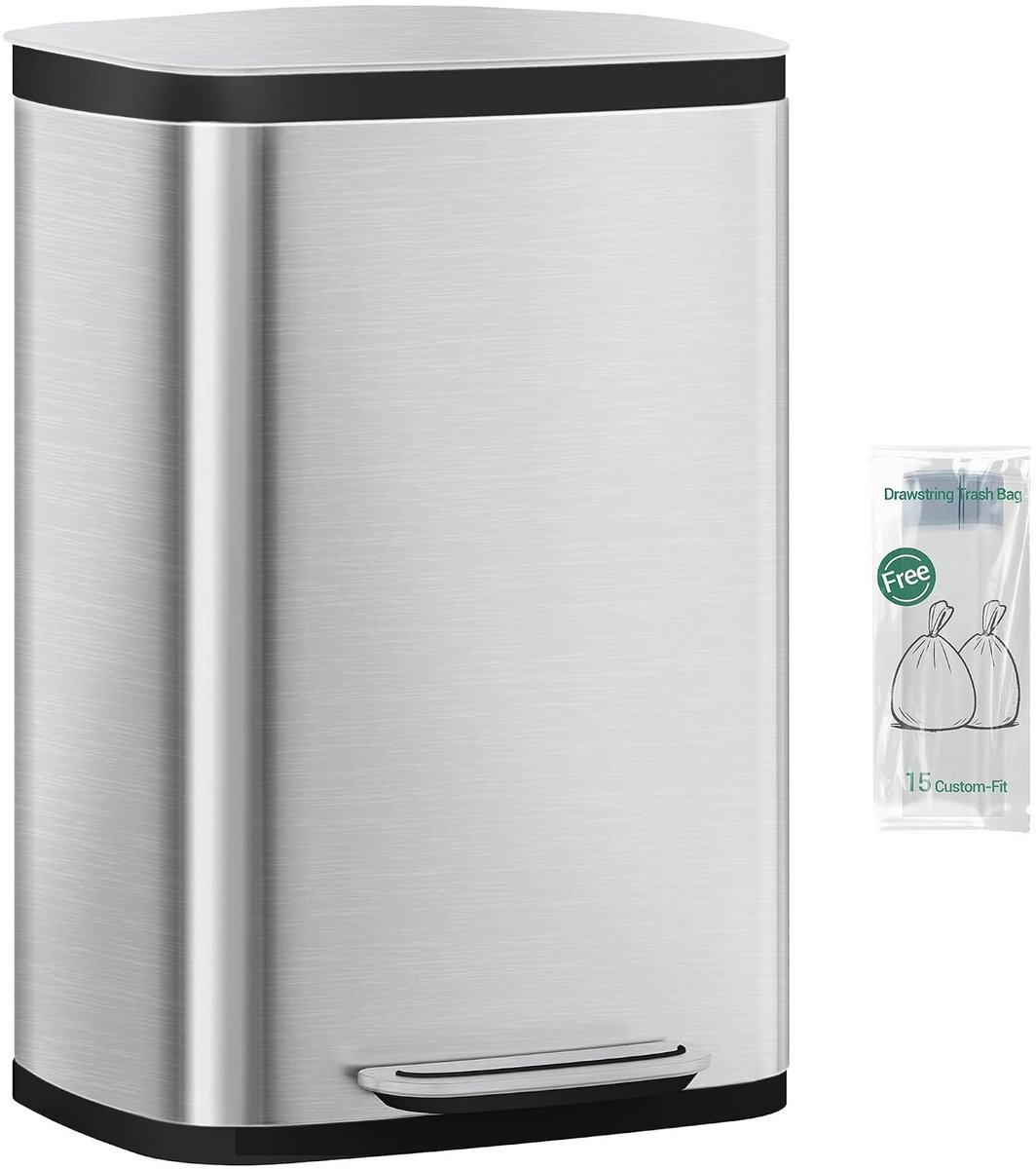 Hzuaneri Roestvrijstalen prullenbak, 50 liter, grote keuken prullenbak met geruisloos, langzaam sluitend deksel en uitneembare binnenemmer, inclusief 15 zakken, zilverkleurig