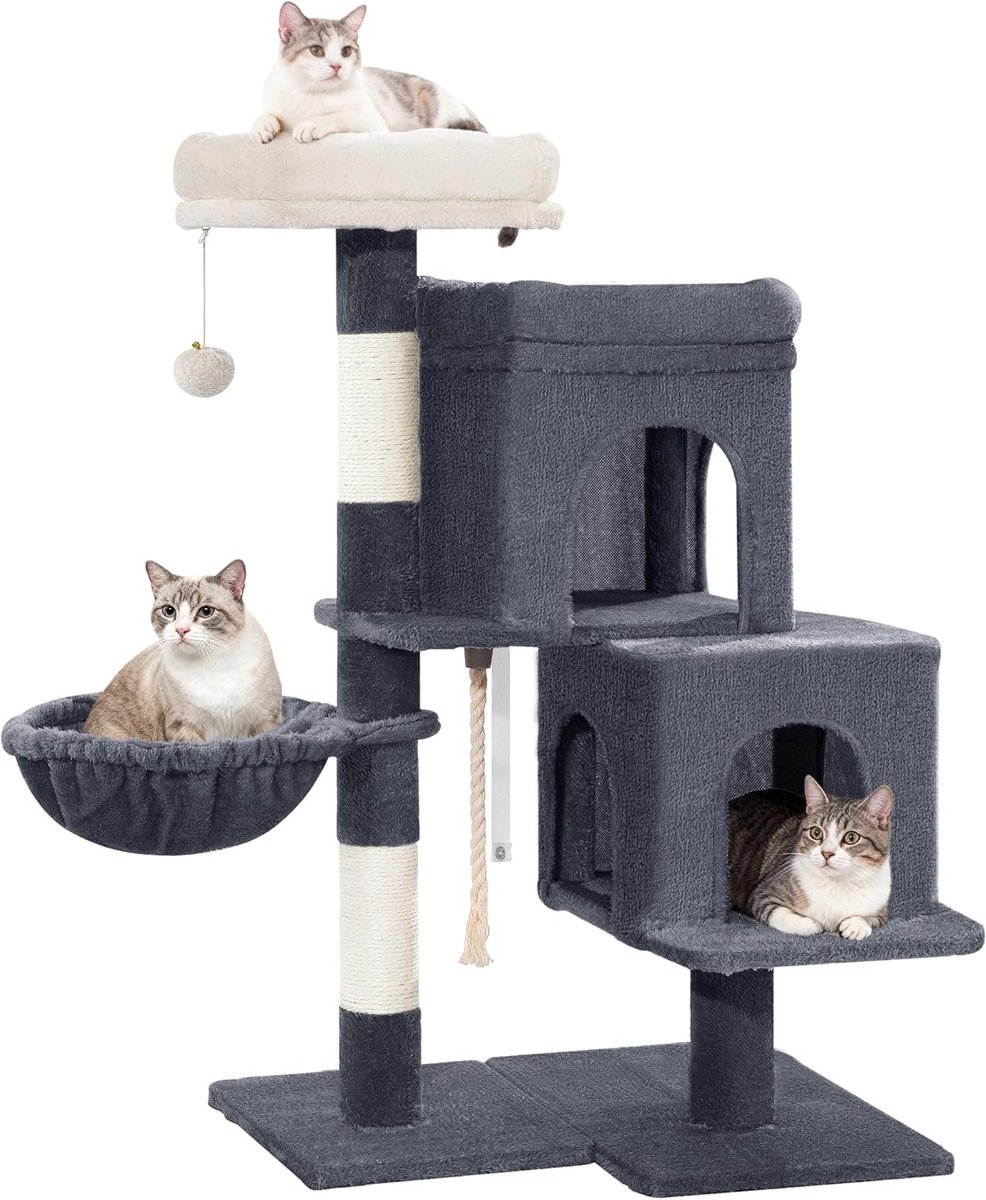 Hzuaneri Krabpaal, 95 cm, Kleine Krabpaal, Ruim en Stabiel, Verstelbare Basis, met Zacht Groot Platform, Pluche Ballen, Grotten, Krabpalen, Kattenmand, Sisaltouw, Donkergrijs