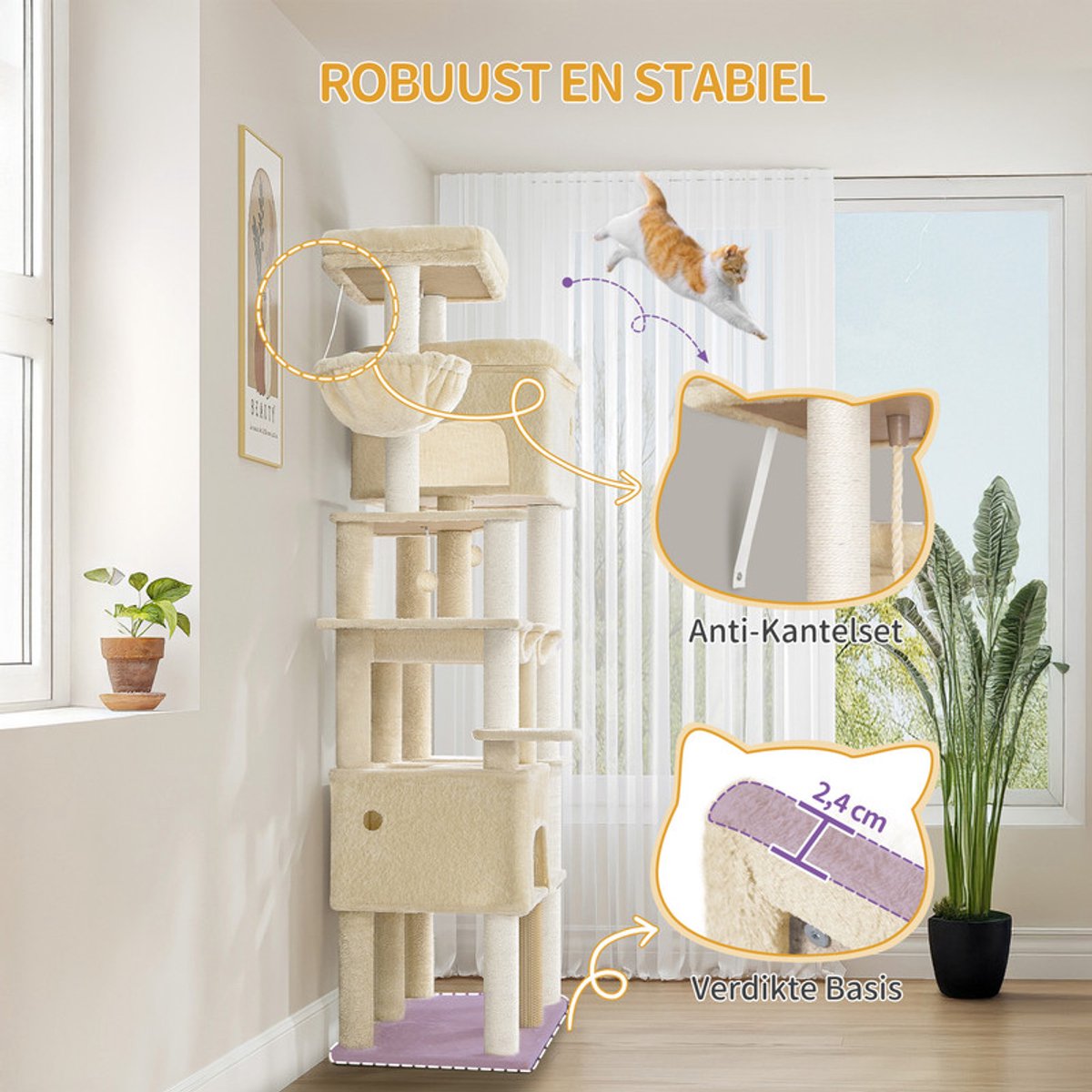 Hzuaneri Krabpaal, 185 cm XL Krabpaal met 10 krabpalen, 2 holen, 2 hangmatten, groot platform, kattenborstels, mandje, robuuste krabpaal voor Maine Coons en grote katten, beige thumbnail 3
