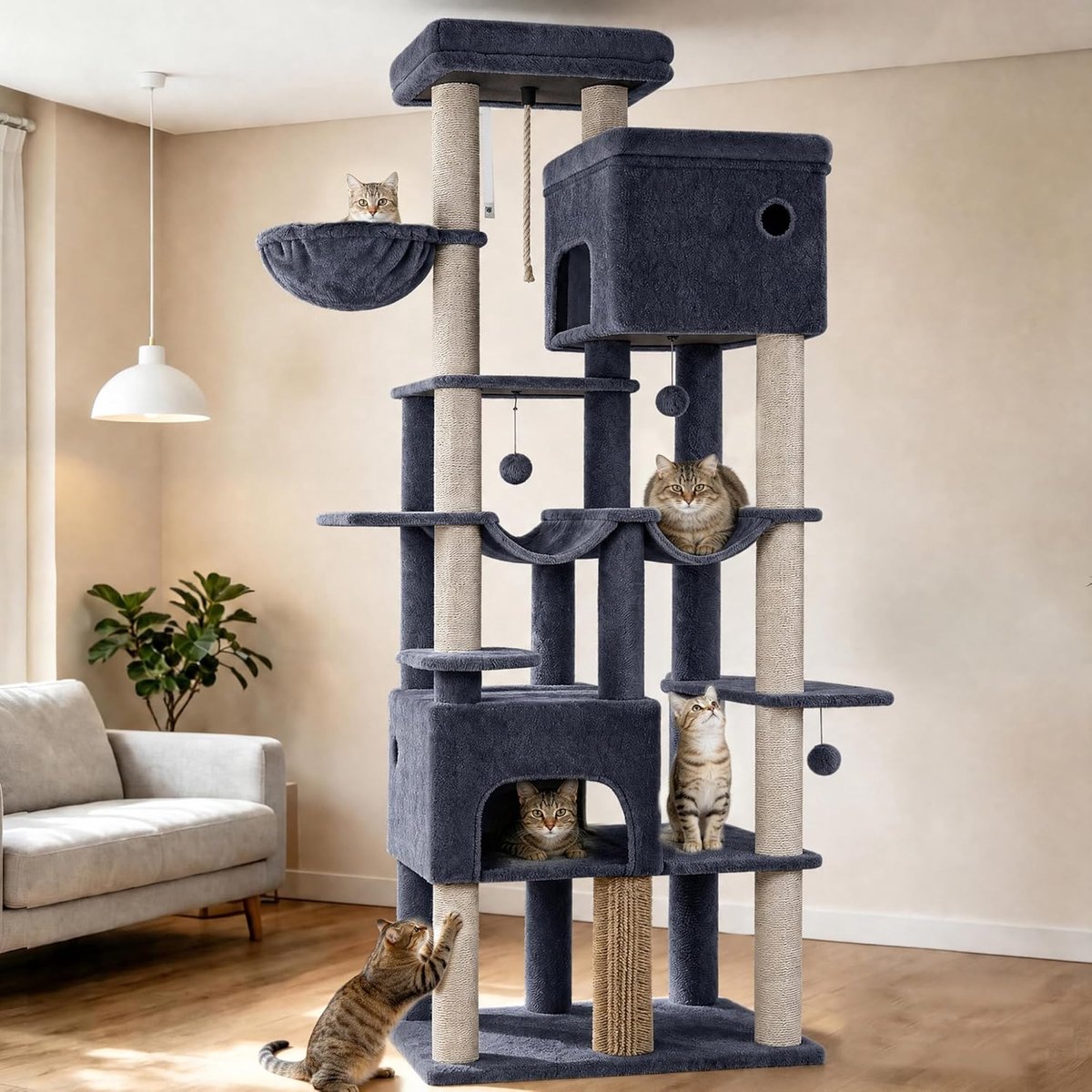 Hzuaneri 200cm Grote Kattenboom, XXL Krabpalen met 2 Condooms en 10 Sisal, Zware Kattentoren Voor Maine Coon, Inclusief 2 Hangmatten, Donkergrijs