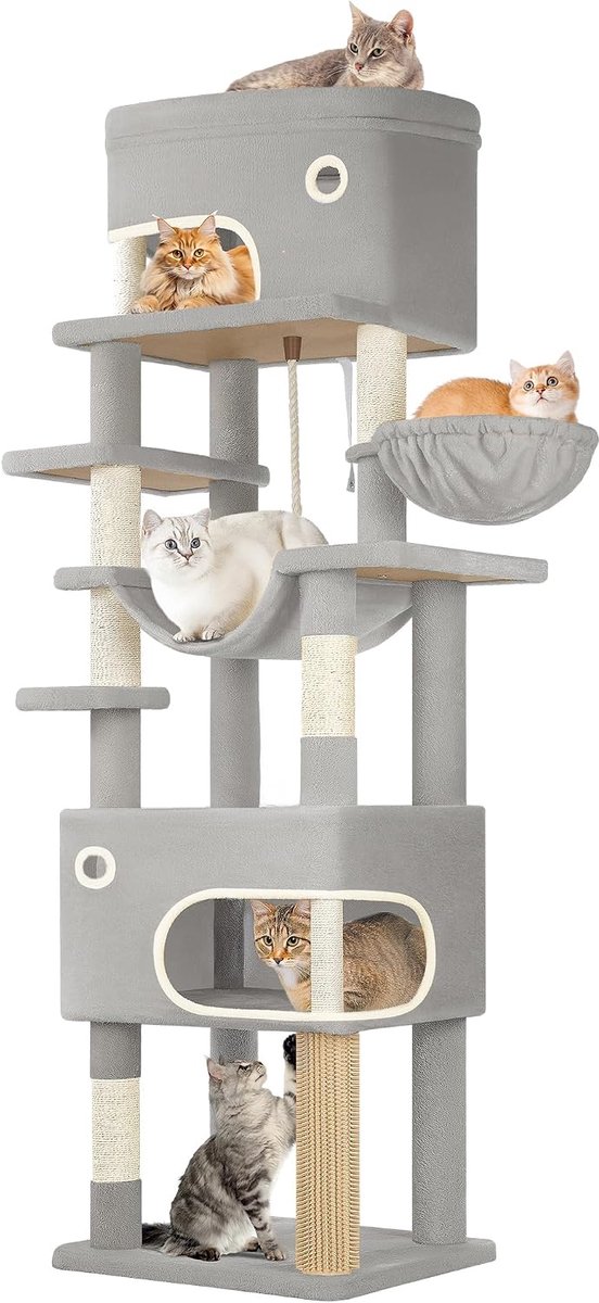 Hzuaneri Kattenkrabpaal, 203 cm Meerlaagse Kattenboom met Groot Platform, 2 Grotten, 7 Sisalpalen, Pompons, Kattenmand, Hangmat, Geschikt voor Katten van Alle Groottes, Lichtgrijs