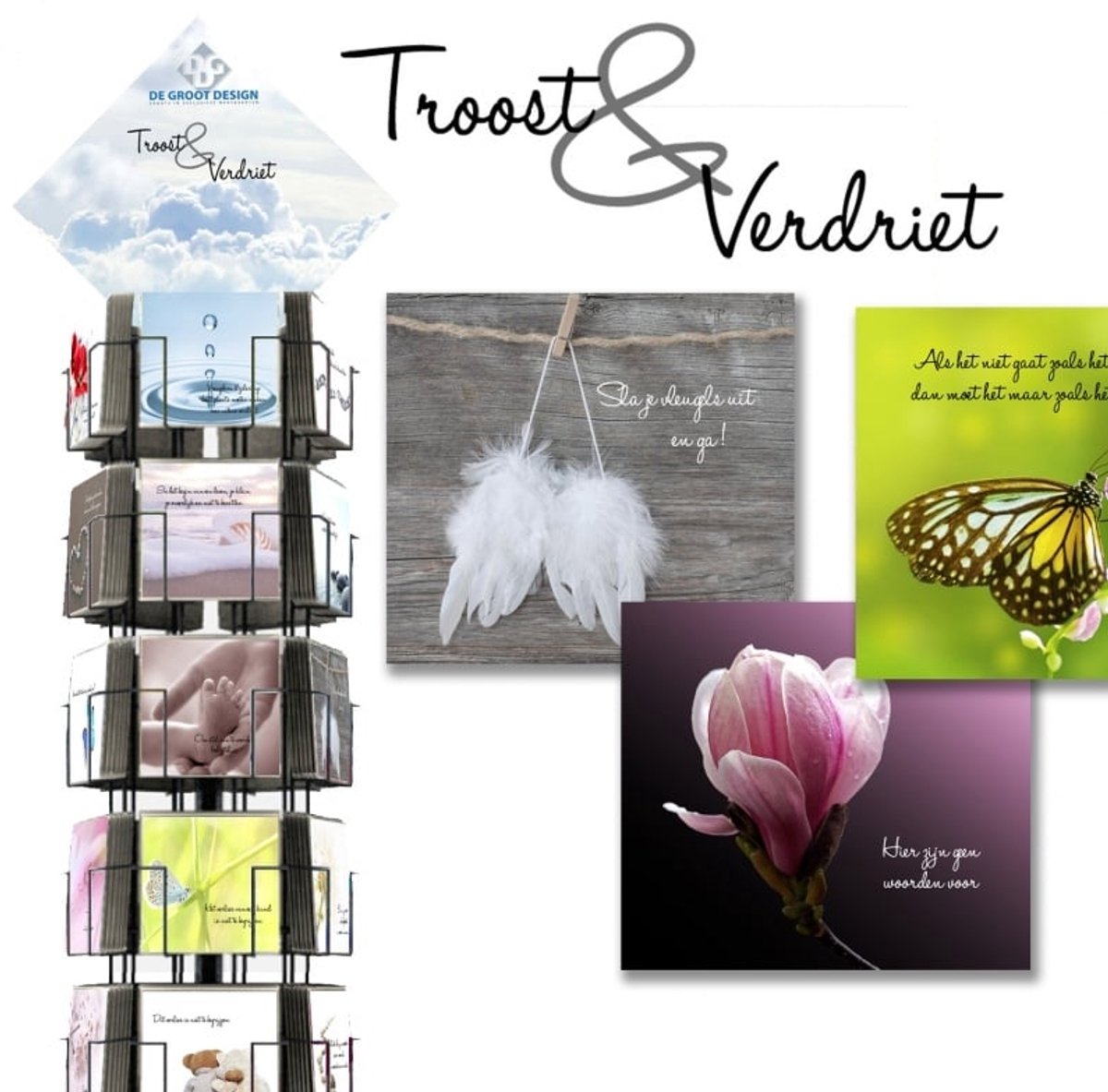 Troost & Verdriet 15x15 cm complete serie inclusief display in bruikleen, topkaart en backcards