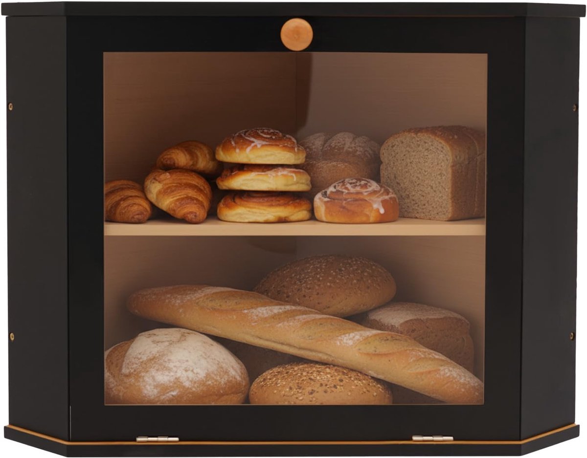 Famanu – Bamboe broodtrommel, 2 etages, hoekmodel, houten broodcontainer voor keuken, 32 x 32 x 34 cm, onderhoudsvriendelijk