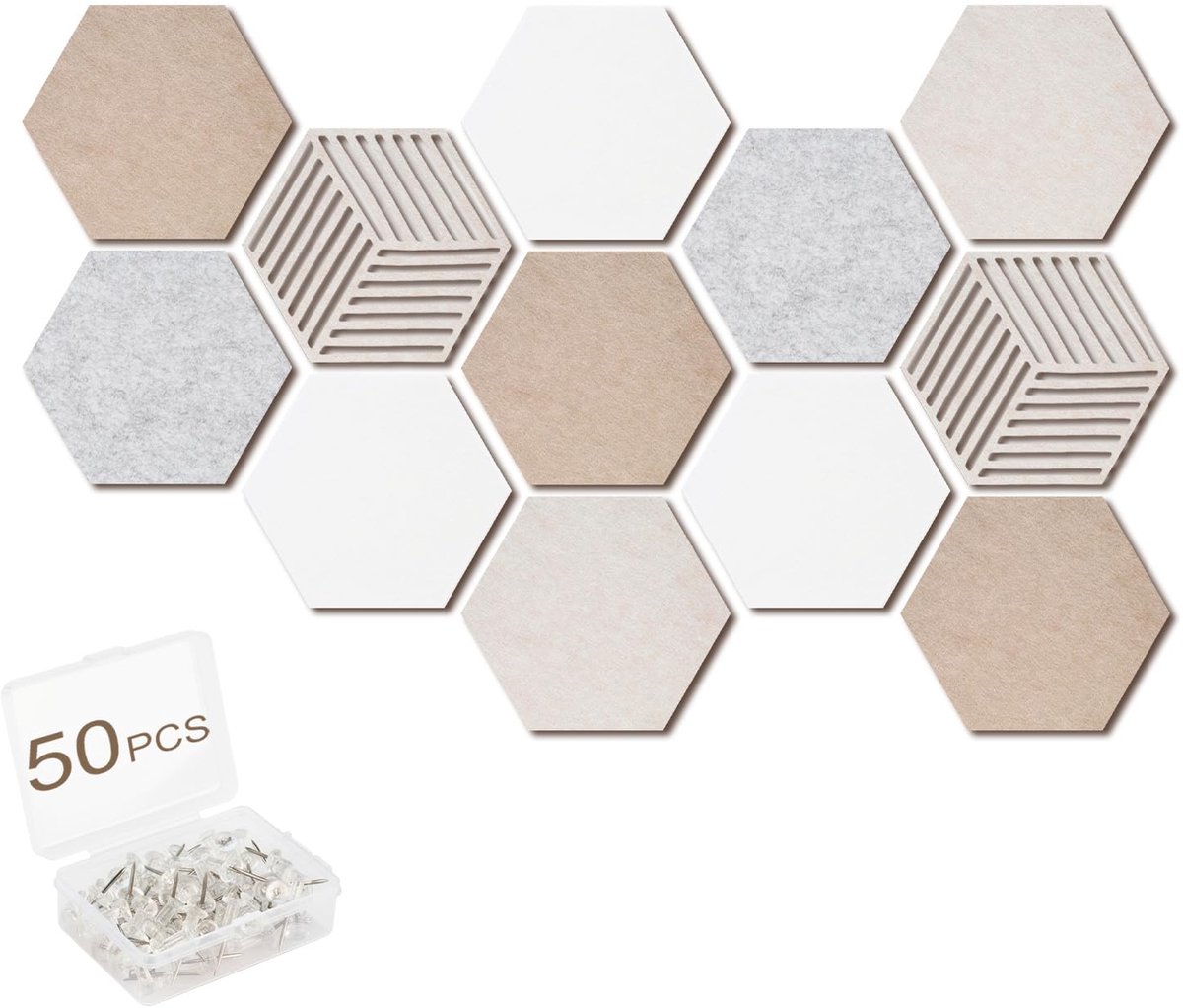 Famanu – Set van 12 vilten prikborden in zeshoekig design, zelfklevend doe-het-zelf prikbord met 50 transparante pushpins, ideaal voor kantoor en thuis