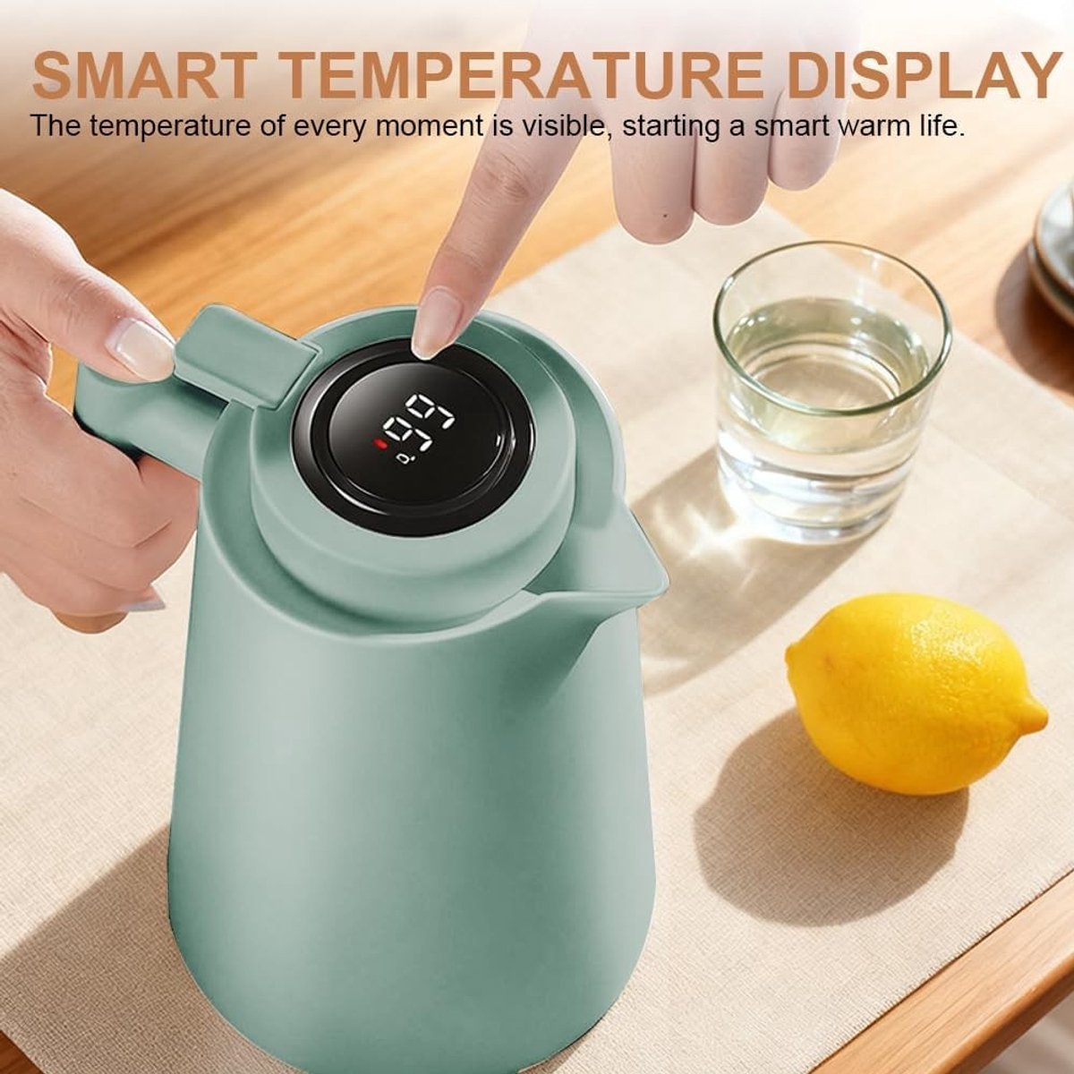 Thermosfles - Teal - 1 liter - Dubbelwandig Glas met LED Temperatuurweergave - Voor Koffie en Thee