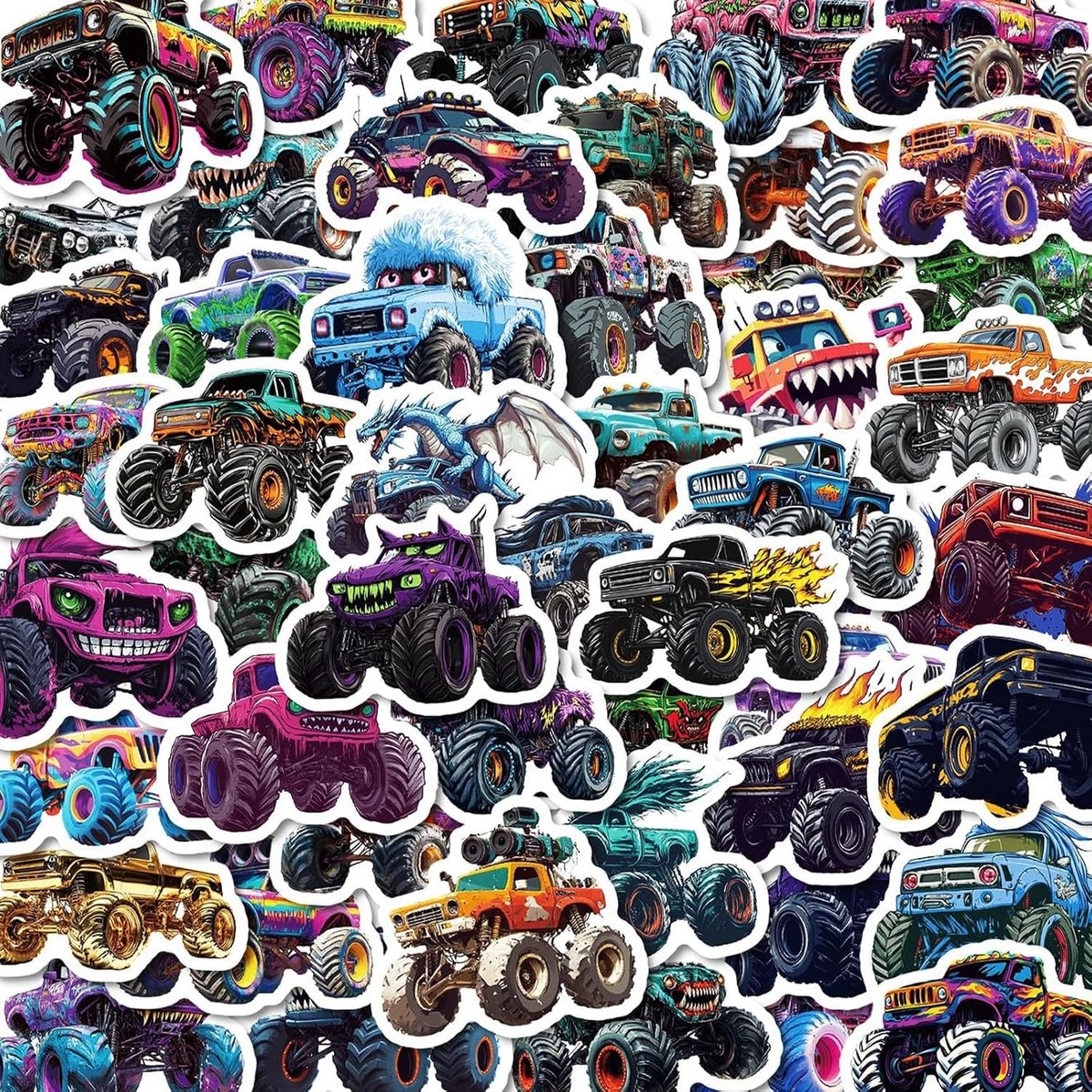 Set van 50 Monster Truck Stickers - Schattige Vinyl Stickers voor Laptop, Skateboard en Fiets, Waterdicht en Duurzaam