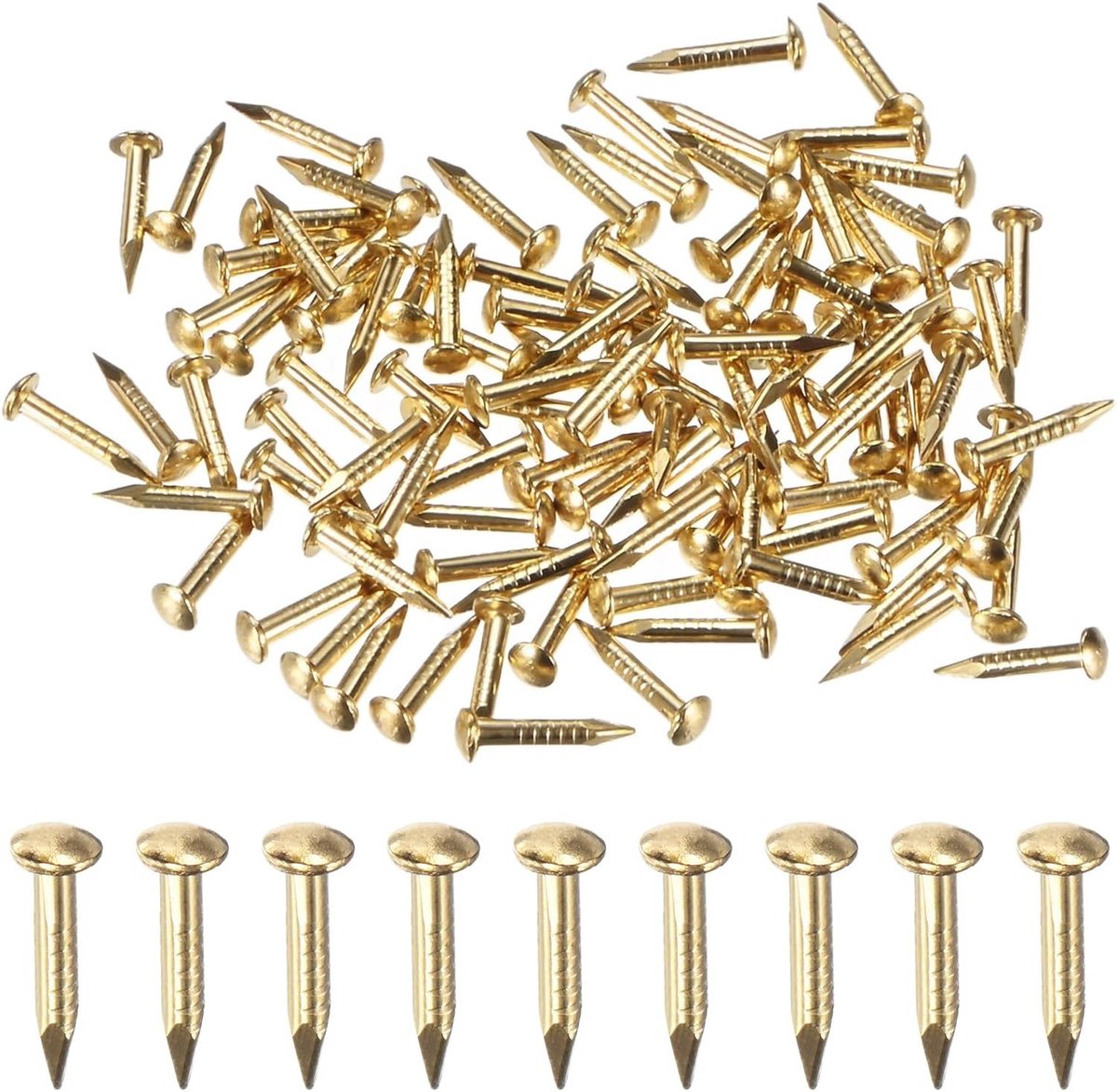 Set van 100 kleine messing nagels 1,2 mm x 8 mm voor doe-het-zelf projecten, decoratie en foto ophangsystemen