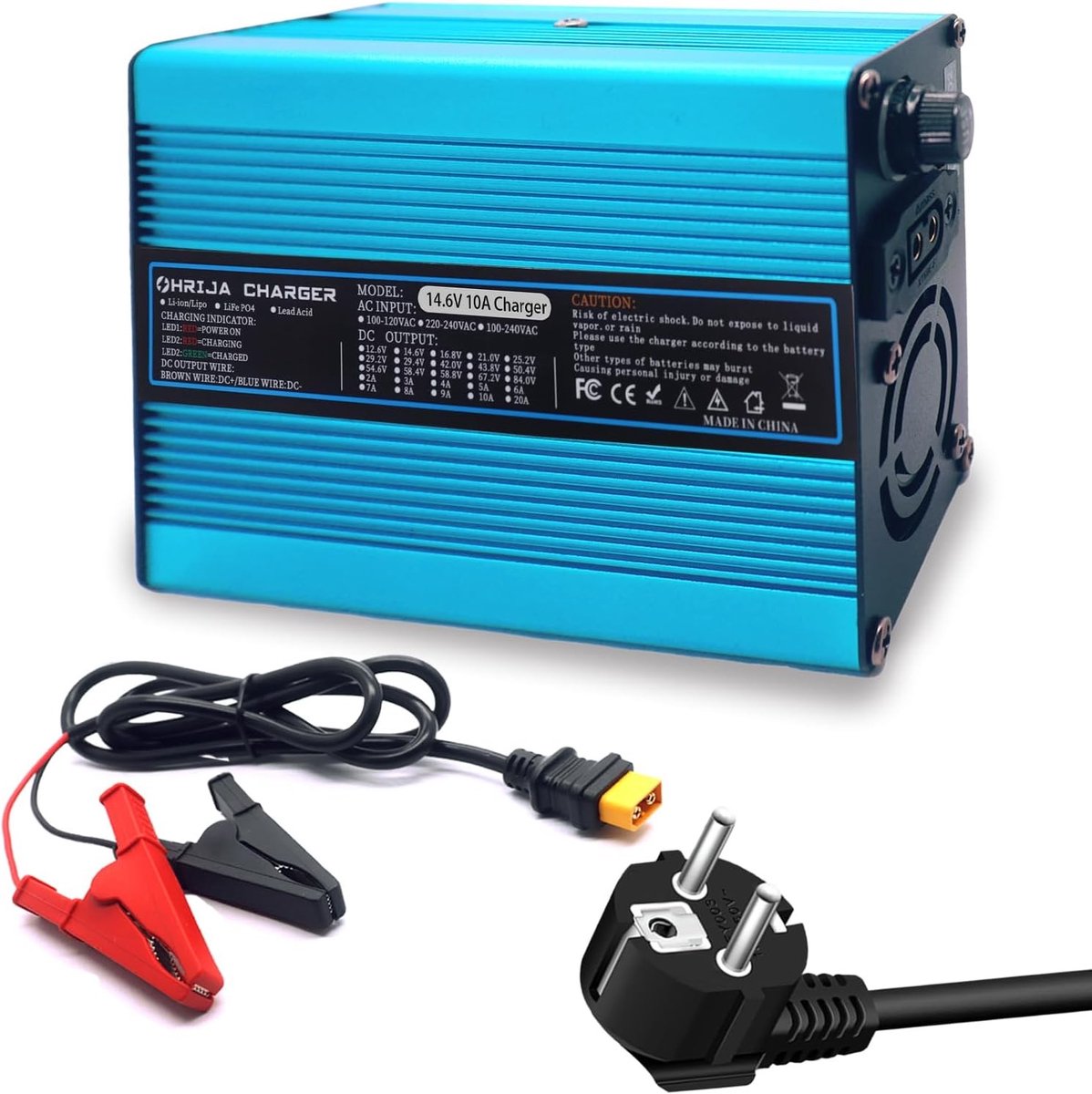 Oplader voor Lifepo4 Accu - Blauw - 135 x 90 x 50 mm - 14,6 V 10 A - Voor Auto en Motorfiets