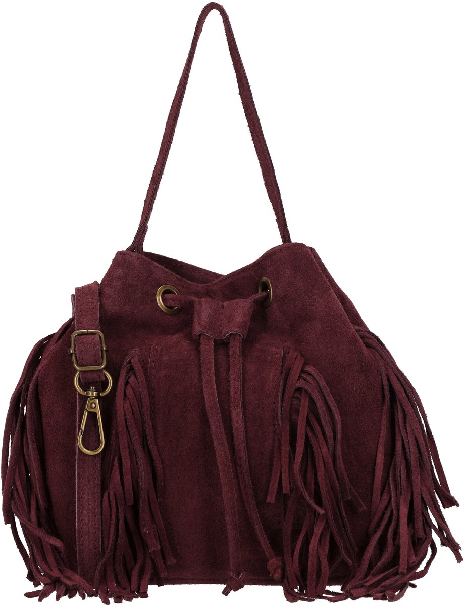 Charm London Vittoria Crossbodytas - Suède Leer - Schoudertas - Telefoonvak - Franjes - Damestas - Leren Dames Tas - Donker Bordeaux