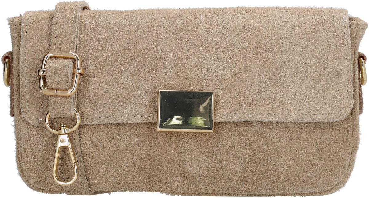 Charm London Vittoria Crossbodytas - Suede - Damestas - Schoudertas - Ritsvak - Verstelbare Schouderband - Afneembare Schouderband - Leren Dames Tas - Lichttaupe