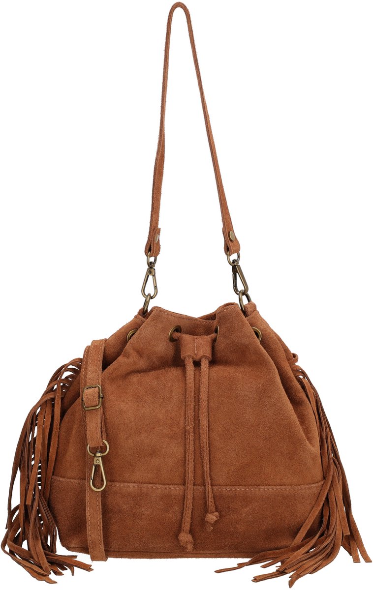 Charm London Vittoria Schoudertas - Suede - Damestas - Buideltas - Franjes - Koordsluiting - Drukknoopsluiting - Ritsvak - Leren Dames Tas - Cognac