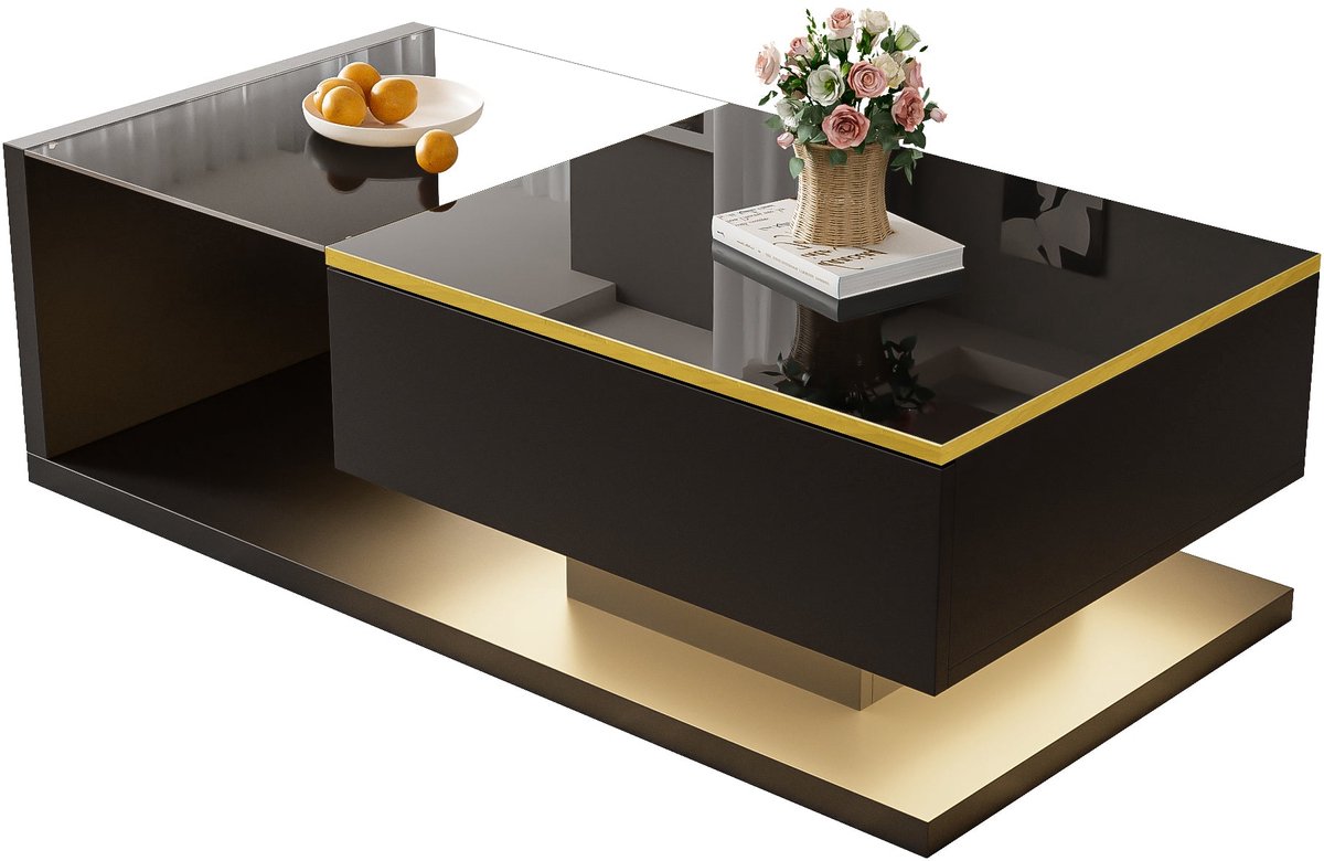 Merax Zwarte Salontafel met LED-verlichting en Glazen Tafelblad – Hoogglans – Met Opbergruimte – 100 x 50 x 32,5 cm