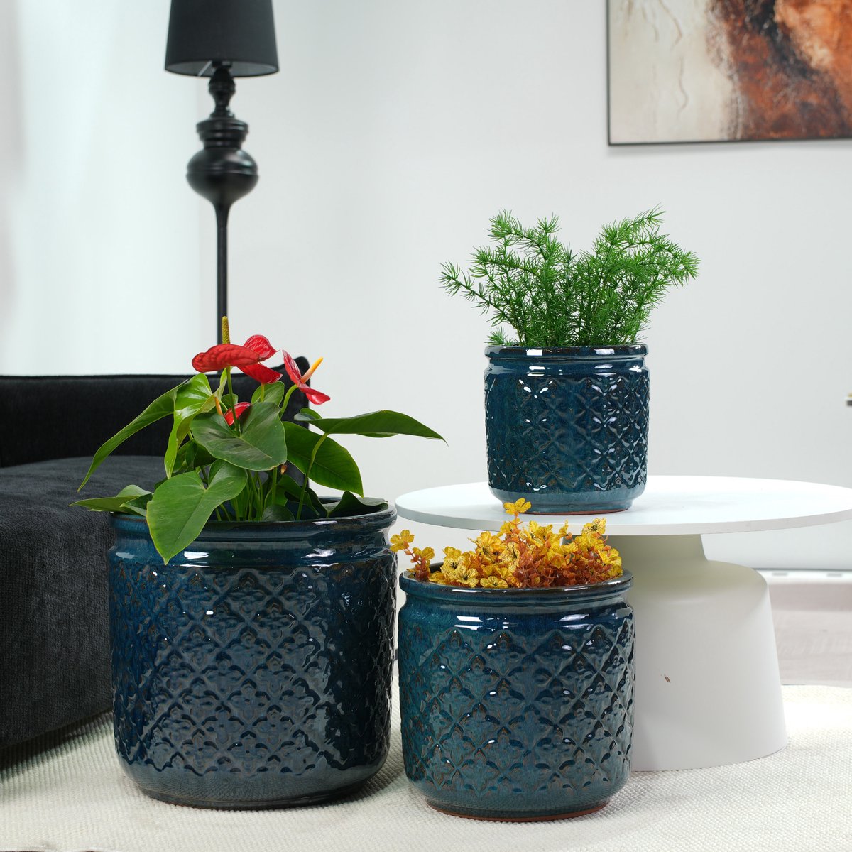 VVBV Bloempot 38x38x38 cm - Drainagegat, Vorstbestendig, Hoogglans - Marineblauw, Keramiek