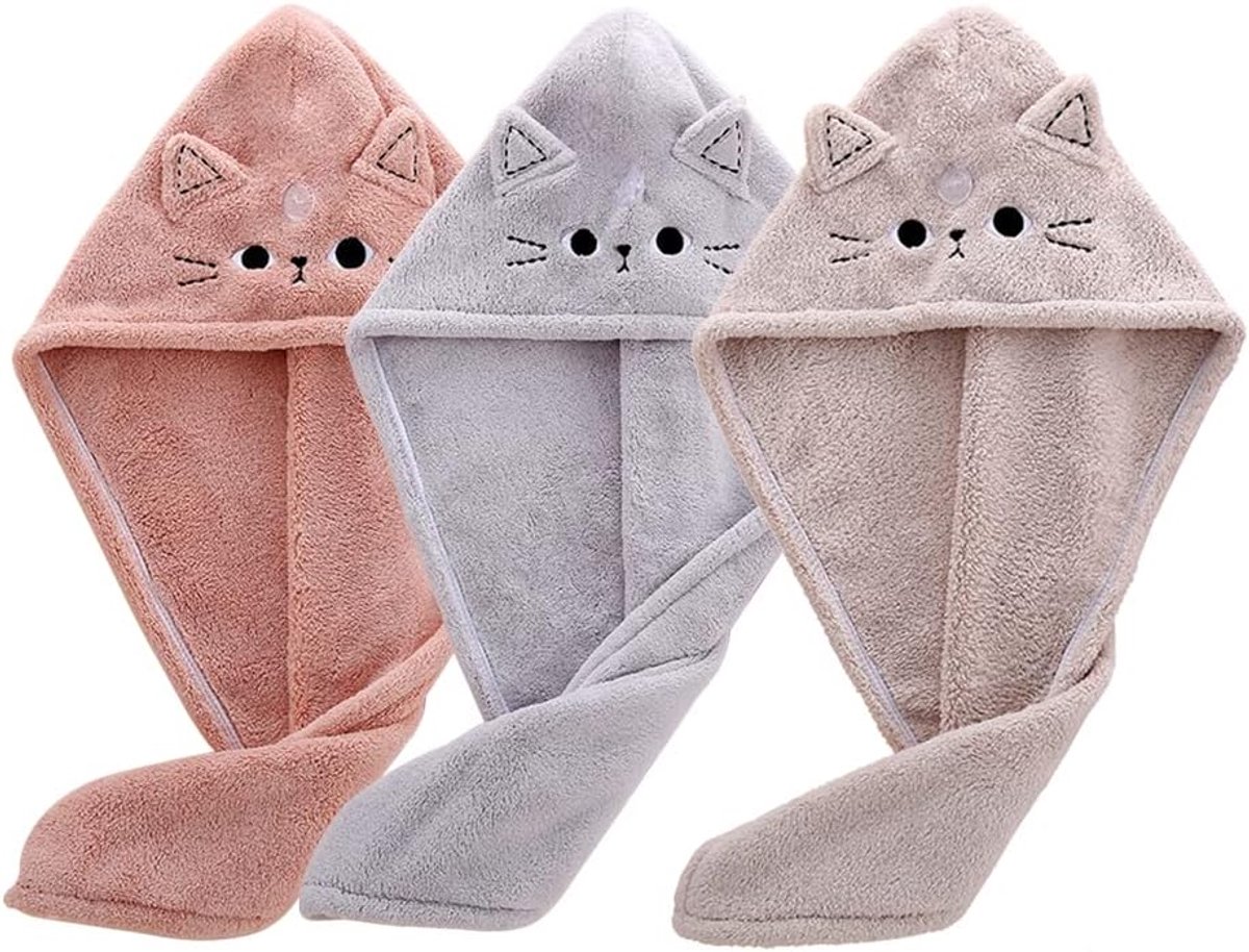 Leuke Haardroogdoeken Met Kattenprint, Set Van 3, Haardroogmutsen Met Cartoonprint, Absorberende Hoofddoeken Van Koraalfleece, Haardroogdoeken In De Vorm Van Een Douchemuts (Kattendesign)
