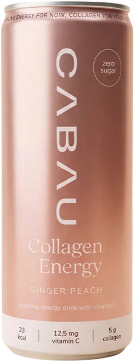 Cabau – Collagen+Energy – Ginger Peach – Suikervrij Energiedrankje met 5 Gram Collageen & Vitamine C – 87,5 mg Cafeïne – 1 Blikje (250 ml)