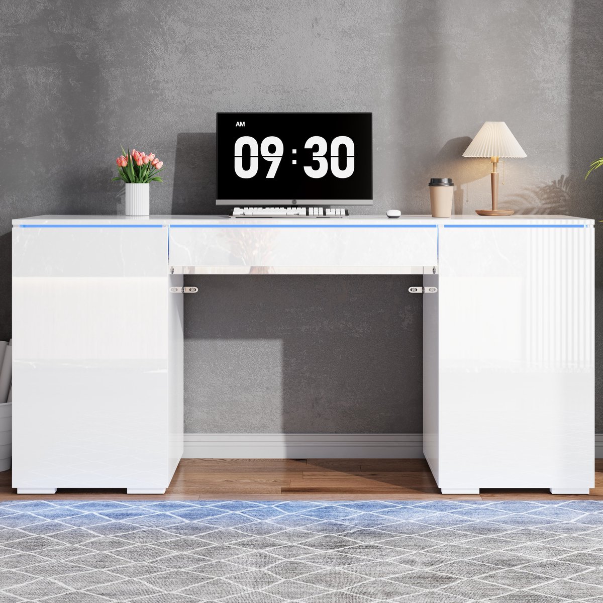VVBV Bureau 140x50x78 cm - LED-Verlichting, Hoogglans, 2 Deuren, Opbergruimte - Wit, Spaanplaat