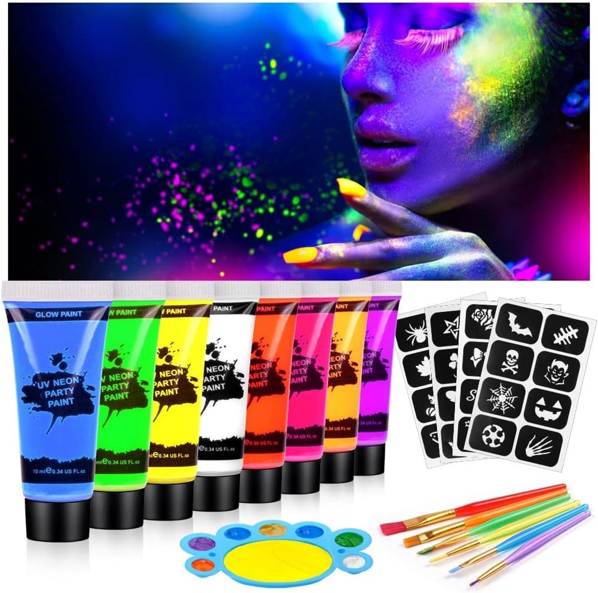 UV Glow Gezichts- en Lichaamsverf Set met 8 Kleuren, Neon Fluorescerende Verf voor Feestjes en Carnavals, Inclusief Palet en Kwasten, Veilig voor Volwassenen en Kinderen