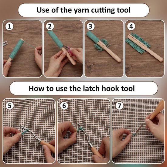 Set van knoophaakjes voor tapijt, inclusief 2 gebogen ijzeren haken, mesh weefset, bar cutter en draadnaald - Creatieve handwerkmaterialen voor tapijtprojecten — afbeelding 2