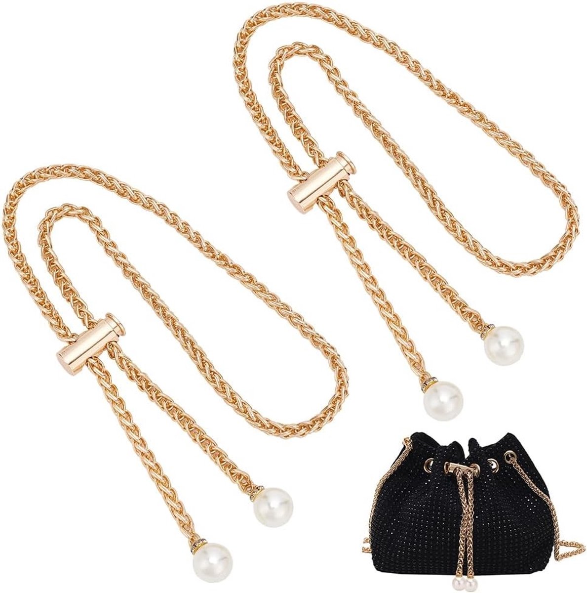 2 Stuks Metalen Emmer Tas Trekkoord Vervanging, 64.8 cm Afneembaar Trekkoord met Glijdende Sluiting voor Dames, Bling Emmer Handtas en Sieraden met Kralen en Metaal